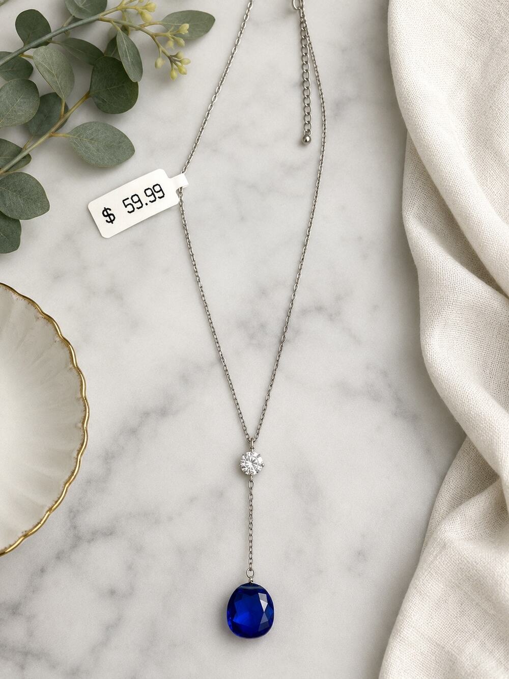 Ballet Dainty Blue Glass Pendant Necklace Silver Tone Necklace Lobster Claw NWT